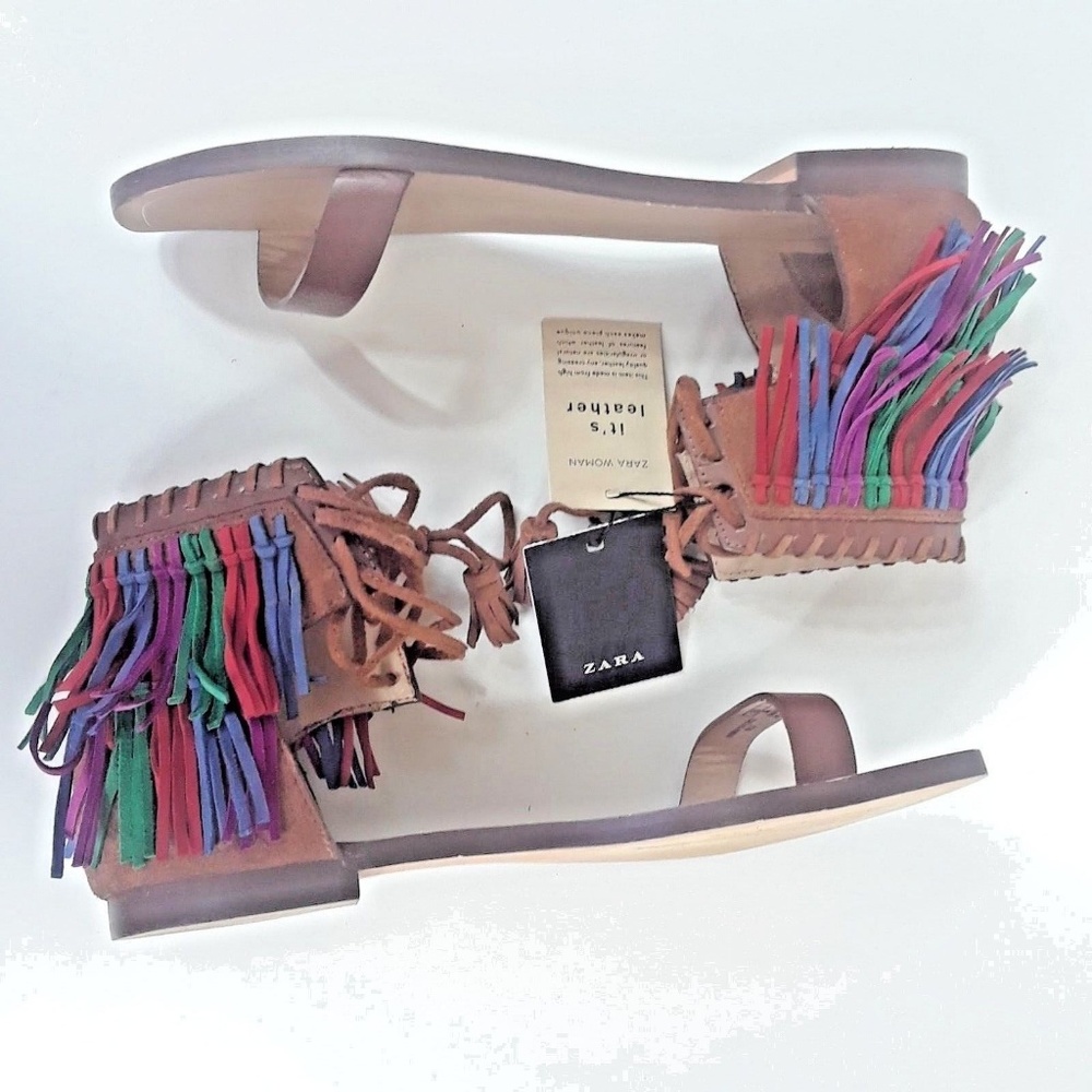 New Zara Leather Boho Summer Fringe Tassel 7.5 - Picture 2 of 8